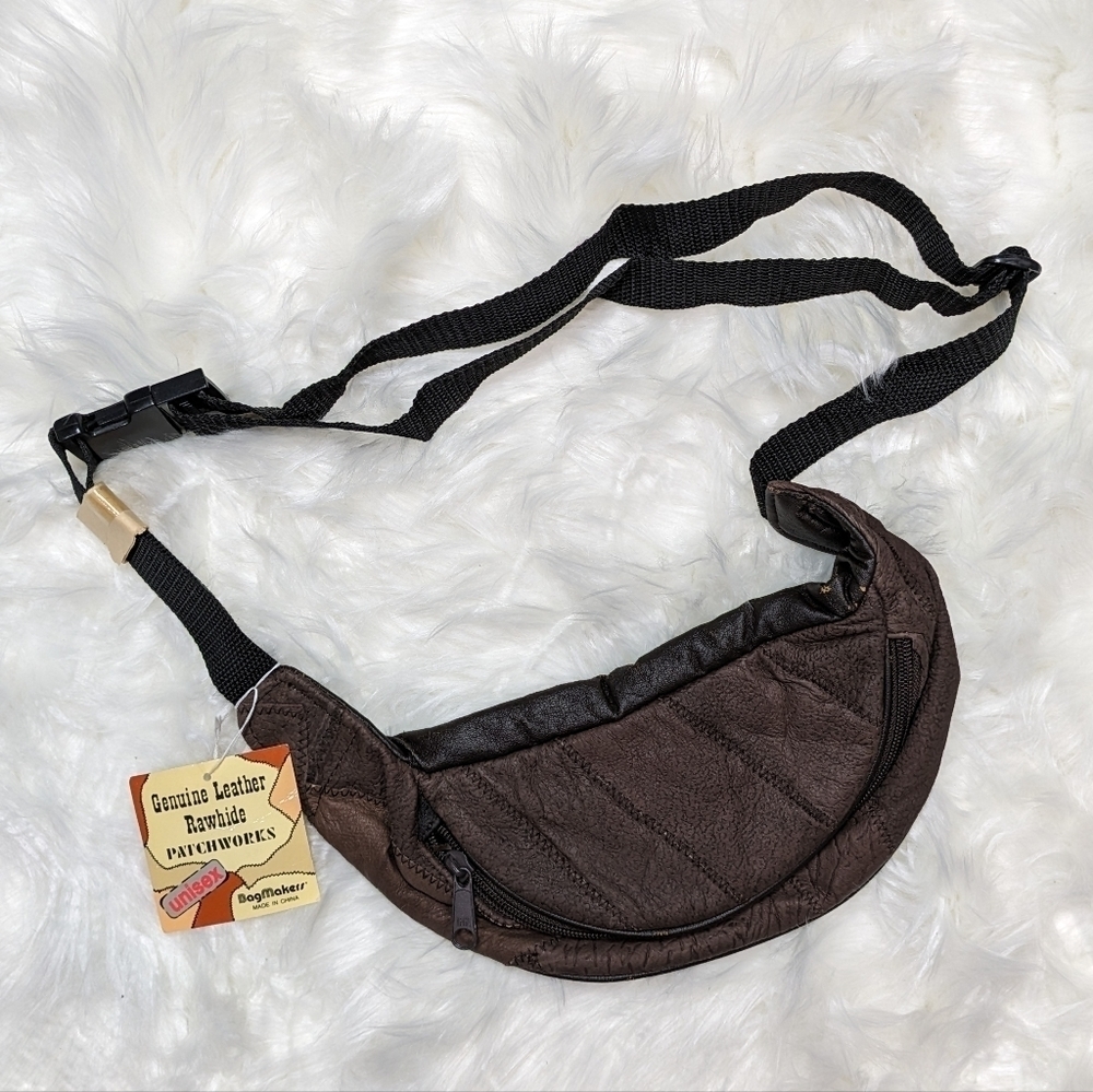 NWT Vintage Patchwork‎ Genuine Leather Rawhide Brown Shoulder Crossbody Belt Bag